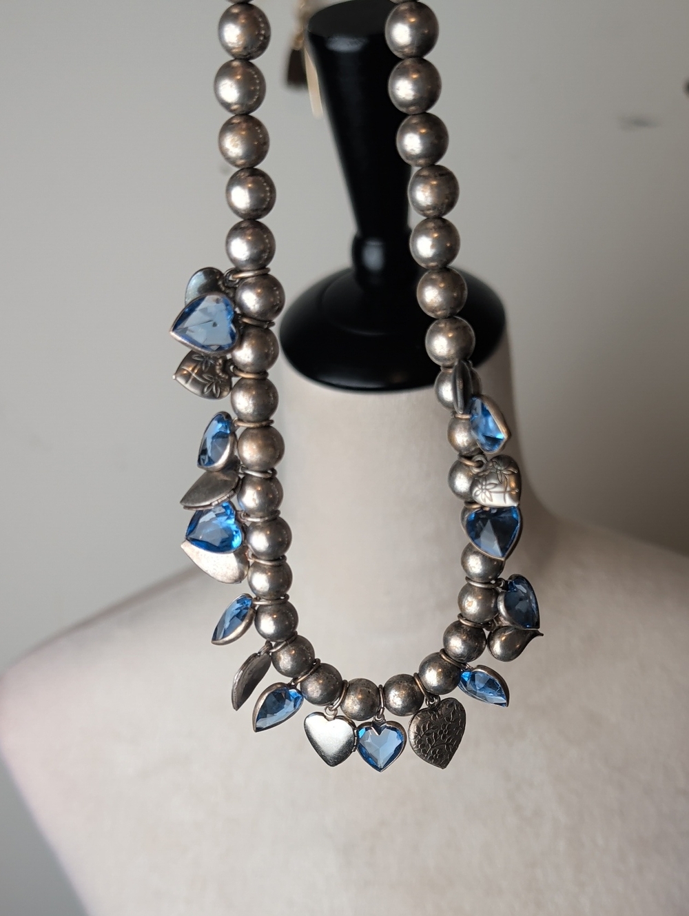 Vintage Artisan Heart Charm Necklace Sterling Accent Blue Faceted Glass